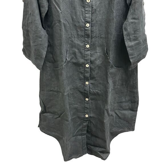 Tusso 100% Pamuk Shirt Button Down Rolled Tab LS Lagenlook Black Dress Size 3 - Picture 3 of 9